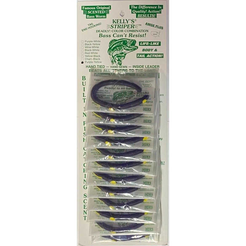 Kelly Striper plastic worm *NEW* Purple-Yellow Stripe *card of 12
