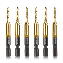 6-pc 6-32NC Combination Drill Tap Bit Set SAE, 6-32NC Thread Size, Titanium Coated High-Speed Steel, Ideal for Drilling Threading and Countersinking in Soft Metal Wood and Plastic, 1/4” Hex Shank