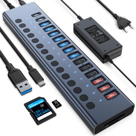 Powered USB Hub, VANGREE 17-Port USB 3.0 Splitter (7 USB 3.0 Ports + 3 2.4A Charging Ports + 3 USB 2.0 Ports + 2 USB-C 3.0 Ports + SD/TF Card Reader), Single On/Off Switch, 90W Power Supply
