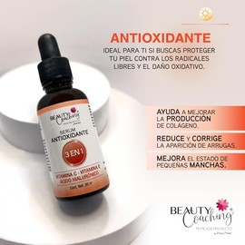 Beauty Coaching - SERUM ANTIOXIDANTE - 3 en 1 - con Vitamina C, E y cido Hialurnico Con Liposomas, Hidratante, Antioxidante, Antiedad, 30 ml.         