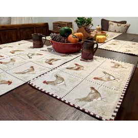 Tache Country Farmhouse Rooster Placemat Set of 4 Hens Chickens Antique Vintage Traditional Home Beige Woven Tapestry Decorative Thanksgiving Placemats, 13x19”
