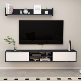 Bixiaomei Floating TV Stand, 61'' Wall Mounted TV Cabinet with Sliding Door and Adjustable Shelves, Wooden Entertainment Media Console Center Large Storage TV Bench for Living Room (61IN, White)