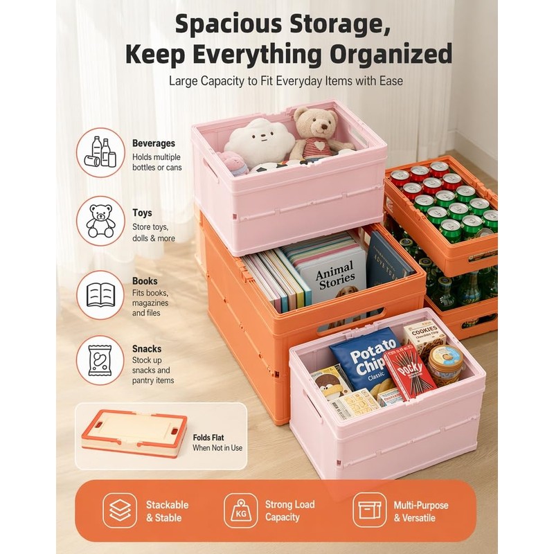 Pastel Plastic Collapsible Storage Crates with Lids and Handle Collapsible
