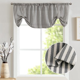 jinchan Tie Up Valance Linen Textured Striped Tie Curtain for Kitchen Bathroom Rod Pocket Pinstripe Valance Window Treatments Ticking Stripe Pull Cord Valance 1 Panel 18 Inch Charcoal Grey on Beige