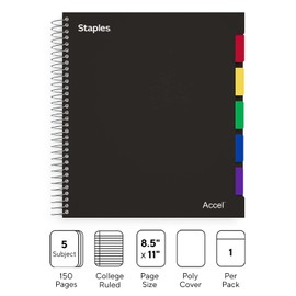 STAPLES Premium 5-Subject Notebook, 8.5-inch x 11-inch, College Ruled, 150 Sheets, Black, 3/Pack (ST24430DVS)