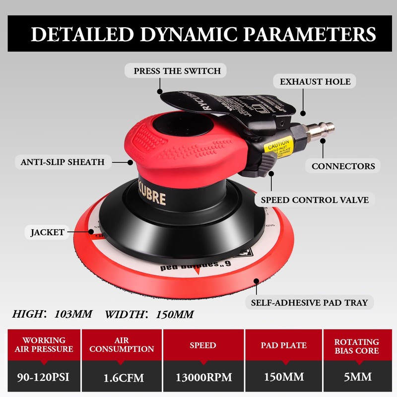 Rycubre pneumatic Air Sander 5/6 Inch DA Palm Sander for
