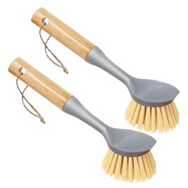 Yitaocity 2 Pack Kitchen Dish Brush, Bamboo Handle Dish Scrubber Built-in Scraper, Multi-Function Scrub Brush for Dishes,Pans,Pots, Kitchen, Bathroom (Gray)