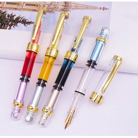 Lanxivi 4 Colors Yongsheng 3008A Fountain Pen Piston Filling Upgraded Fine Nib,Transparent Gold Trim