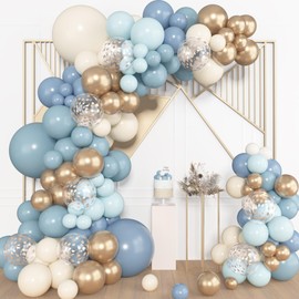 170Pcs Dusty Blue Balloons Garland Arch Kit, Dusty Baby Blue Sand White Gold Confetti Balloons for Boy Baby Shower Gender Reveal Wedding Bridal Birthday Bride to Be Party Decorations