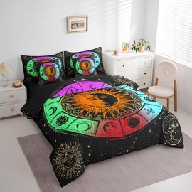 Feelyou Sun and Moon Kids Comforter Set 7pcs, Constellation Galaxy Bed Set Full for Boys Girl, Boho Mandala Bedding with 1 Comforter,1 Fitted Sheet,1 Flat Sheet,2 Pillowcases,2 Throw Pillow Cover
