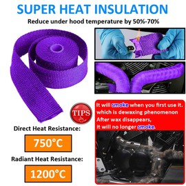 LKRXW Hitzeschutzband Auspuffband Glasfaser Auspuff Isolierband Motorrad Auspuffkrümmer Band Hitzeschild Thermoband Krümmerband Wickelband Lila 5CM x 10M mit 6 Kabelbinder