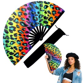 Onekka 13 Inch Large Rave Fan & Clack Fan for Line Dancing - Folding Hand Fan with UV Glow for Boots on The Ground, Performance, Wedding, Party - Portable Handheld Fan for Women & Men