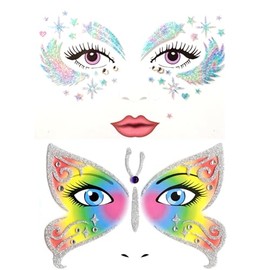 Wing Face Art Stickers Glittery Love Star Stage Makeup Face Sparkling Party Face Sticker Red Sliver 2PCS