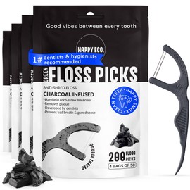 Dental Floss Picks (200pcs) - Flossers for Adults, Vegan Corn-Straw Handle, Superior Oral Care & Anti-Shred Thread, Dental Hygiene, Tooth Pick Sticks, Teeth & Gum Health (Charcoal, Double Thread)