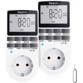 Digital Timer Socket, Besvic 3680 W Timer Socket with 10 Daily Configurable Programmes, LCD Display and Anti-Theft Random Mode for Indoor Use (2 Pack)