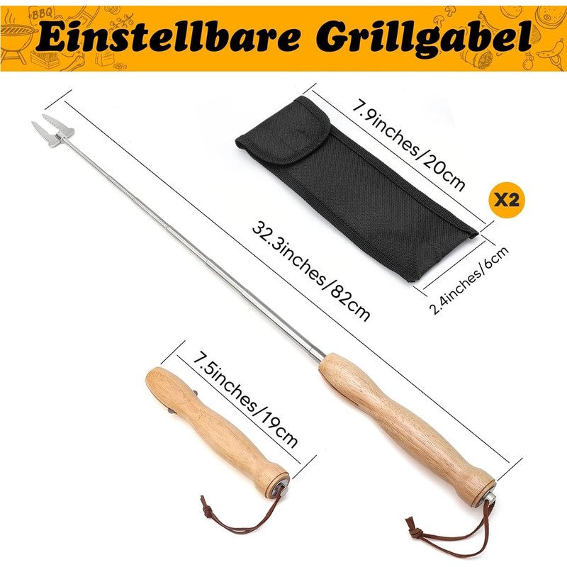 Tiardey 2Pcs BBQ Skewers Wooden, Handle Long Campfire Telescopic BBQ