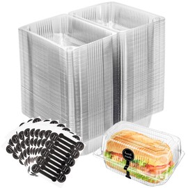 Peohud Peohud 100 Pcs Plastic Hinged Food Containers, Clear Clamshell Takeout Containers with 100 Pcs Seal Stickers, Disposable To Go Container for Salads, Sandwich, Hamburger, Fruit, Cake, Cookie