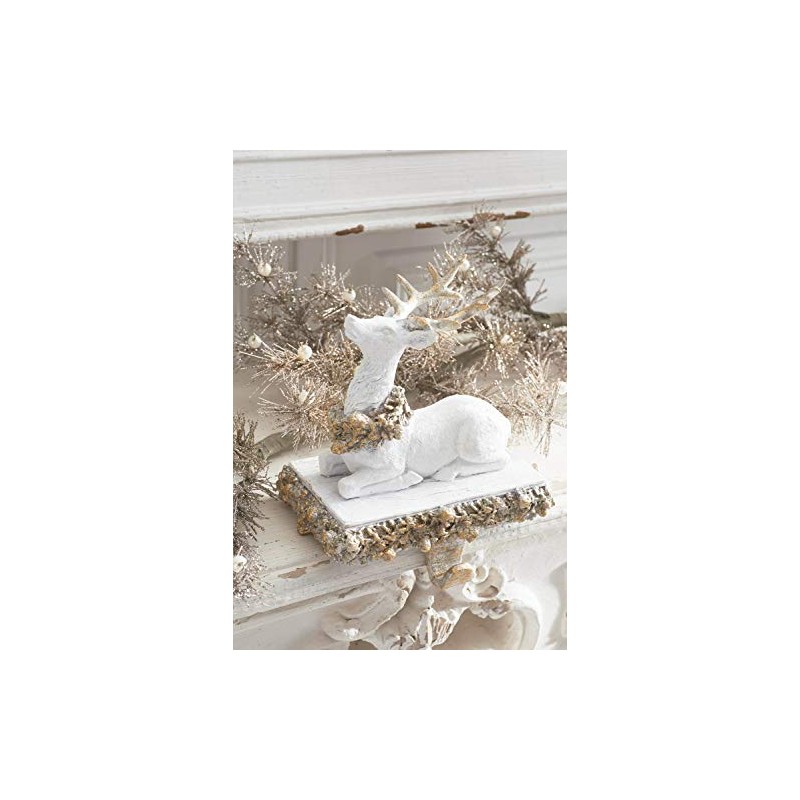 K&K Interiors 8 Inch White and Gold Glittered Sitting Reindeer