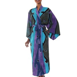 NOVICA Artisan Made Women's Handpainted Batik Patterned Robe from Indonesia (US, Alpha, One Size, Regular, Regular, Seaside Blue)