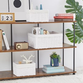 Vagusicc Wicker Basket, Set of 3 Hand-woven Storage Baskets for Organizing, Decorative Rectangle Wicker Storage Basket Bins with Handles, Small Toilet Paper Storage Baskets for Shelves & Decor, White