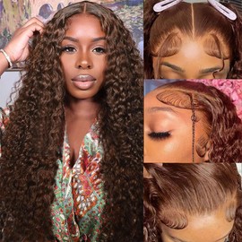 Chocolate Brown Lace Front Wigs Human Hair 13X6 Deep Wave Lace Front Wigs Human Hair Pre Plucked 180% Density HD Transparent Lace Frontal Wigs For Women Colored Deep Curly (Chocolate Brown, 28 Inch)