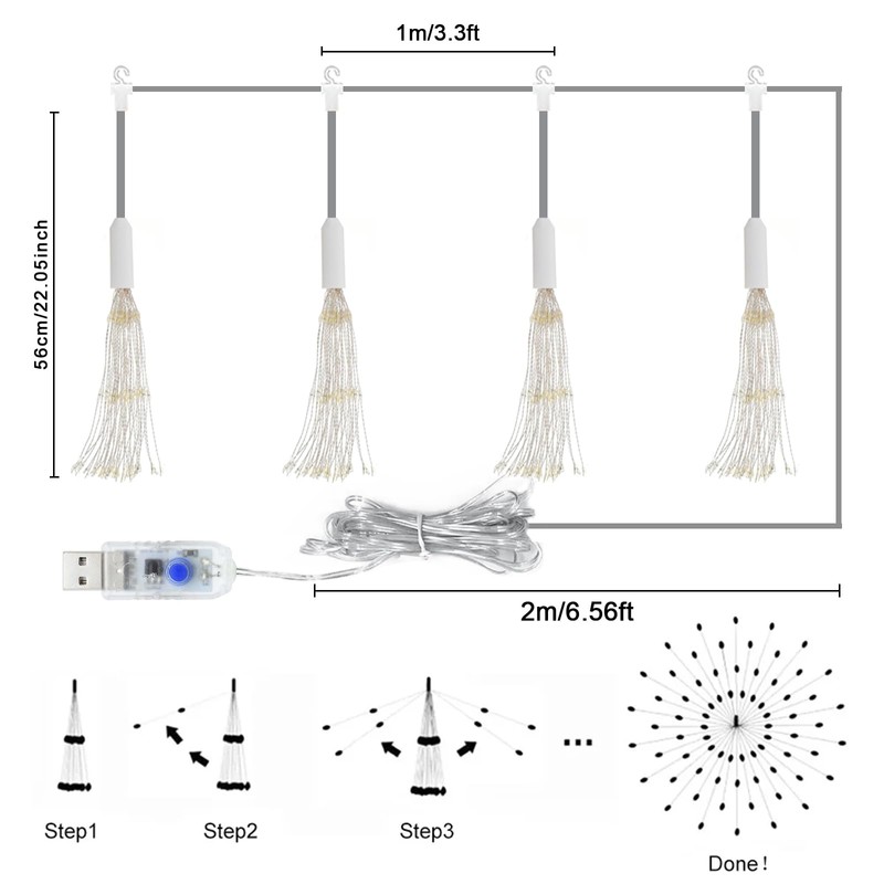 Micacorn Fireworks Fairy Lights, 4 Pack Hanging USB Fireworks Lights