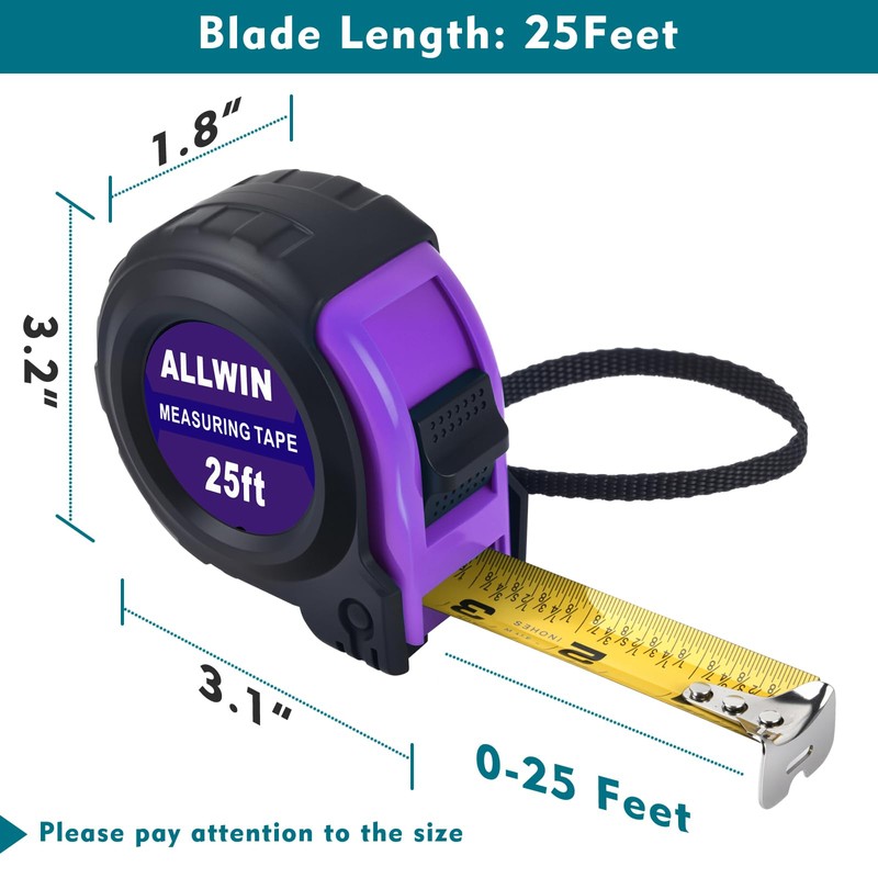 Tape Measure 25 Ft - Metal Retractable Tape Measure with