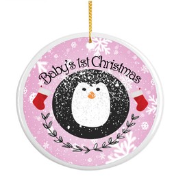Ashby's Baby's First Christmas Pink Penguin Ceramic Keepsake Hanging Tree Decoration, 7 x 7cm