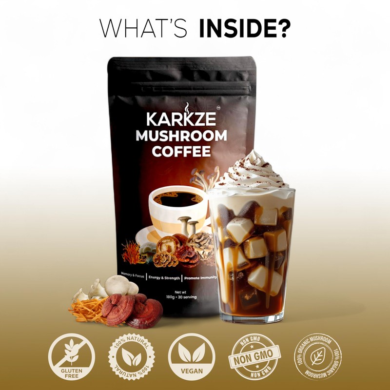 KARKZE Instant Mushroom Coffee Powder –6 Super Mushrooms with Lions