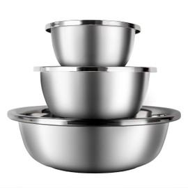 3-Piece Metal Mixing Bowl Set, Stainless Steel, Nesting