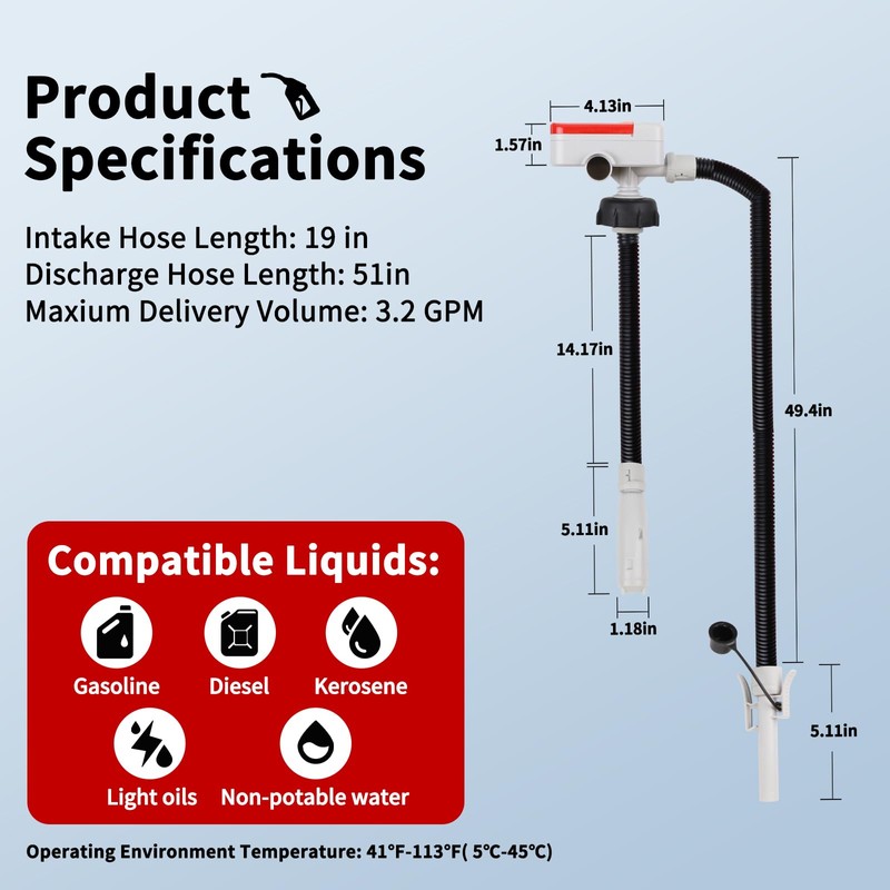 Fuel Transfer Pump (3.2GPM) with Auto-Stop Sensor, 51" Hose Automatic