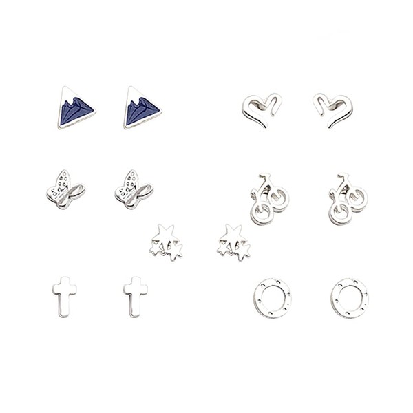 AMOR SPES 7 Pairs Cute Geometry Silver Plated Stud Earrings