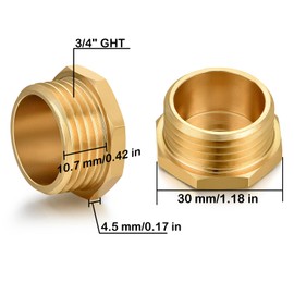 YELUN 3/4" GHT Male Brass Pipe Plug Outer Garden Hose Male Threaded End Cap Plug Garden Irrigation Pipe Fittings Water Tubing Stopper （6 PCS）