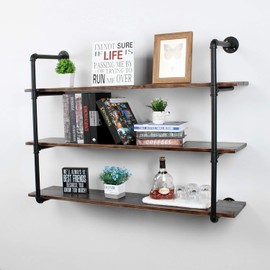 MBQQ Industrial Retro Pipe Shelf 44in 3 Tier Wall Mounted,Rustic Floating Shelves,Farmhouse Kitchen Bar Shelving,Home Decor Book Shelves,DIY Bookshelf Hanging Wall Shelves,Black