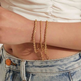 Yheakne Twist Rope Bracelet Layered Twisted Chain Bracelet Gold Chunky Stacking Bracelet Boho Hand Chain Jewellery for Women and Girls 3 Pieces (3 Layer), Metal