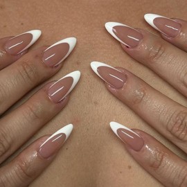 Press On Nails Almond on 24PCs，Glue on Nails Stick on Nails Fake Nails，Alomnd Medium Shape Solid Dark Color False Nails (French White, Almond)