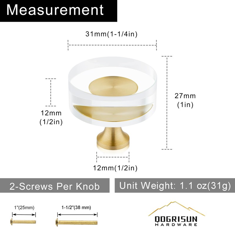 QOGRISUN 5-Pack Brass Crystal Cabinet Knobs,Glass Crystal Gold Drawer Knobs,1-1/4-Inch