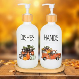 JarThenaAMCS 2Pcs Fall Soap Dispenser Autumn Rustic Plaid Pumpkin Pile Truck Glass Dispenser with Pump Refillable Liquid Soap Container for Thanksgiving Kitchen Bathroom Decor