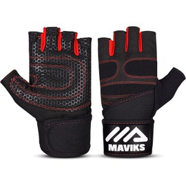MAVIKS Weightlifting Fitness Workout Gym Gloves with Wrist Straps for Men and Women, Training Gloves for Crossfit Training, Pull Ups, Weightlifting (Red, L)