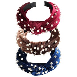 scicent Velvet Headband, Pack of 3, Knot Headband, Velvet Headband, Elegant Hair Band, Pearl Headband, Hair Accessories, Wide Vintage Headband for Women, 3 Colours - 9830