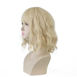 Blonde Wavy Wig Short Bob Wigs With Air Bangs, Curly Wavy Shoulder Length Short Synthetic Cosplay Costume Wig for Girl Women