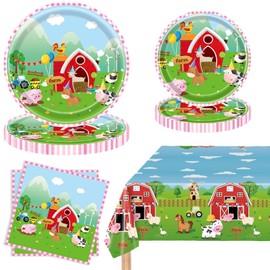 73PCS Farm Birthday Decorations Supplies Tableware Set,Farm Animals Party Decorations Barn Animal Theme Party Animal Baby Shower Dessert Plate Dinner Plate Paper Napkins Tablecloth,Serve 24