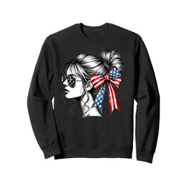 American Woman With Sunglasses And Hairy Bun USA Ribbon Sweatshirt