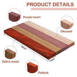 Maasechs 8 Pcs Purpleheart, Zebrawood, Padauk, Okoume Wood Exotic Wood Hardwood Lumber Board 3/4" x 2" x 16" Imported Exotic Hardwood Variety Pack for Craft of Woodworking Cutting Boards Processing