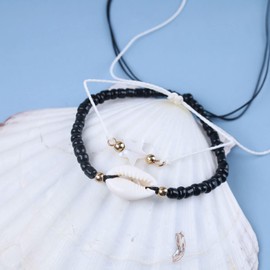 Cimenexe Bohemian Layered Shell Anklet Bracelet Enamel Star Anklet Woven Rope Cowrie Ankle Bracelet Black Rope Bead Chain Anklet Adjustable Black Wax Anklets Summer Beach Foot Chain Jewelry for Women