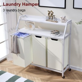 Timberer Laundry Hamper, Laundry Sorter 3 Section, Rolling Laundry Basket with Wheels, 2 Shelves, 3 × 14.5 Gal, Pull-Out and Removable Laundry Bags, for Laundry Room, White and Beige