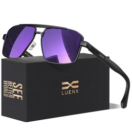 LUENX Aviator Sunglasses for Men Square Polarized Polygon Shades Driving UV 400 Protection 60mm-Purple Mirror Lens Black Frame