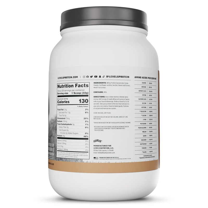 Levels Grass Fed Whey Protein Powder, No Artificials, 24G of
