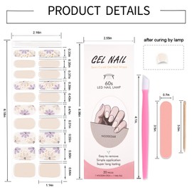 WOKOTO Semi Cured Gel Nail Strips, 20 Pcs Flower Beige Semi Cured Gel Nail Stickers Full Nail Wraps With Nail File & Wood Stick, UV Light Required, Salon Quality, Easy to Apply&Remove