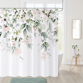 Caheansi Spring Shower Curtain, Sage Green Eucalyptus Leaf Pink Watercolor Floral Botanical Plants Bathroom Curtain Waterproof Fabric Machine Washable with Hooks, 72" Wx72 L